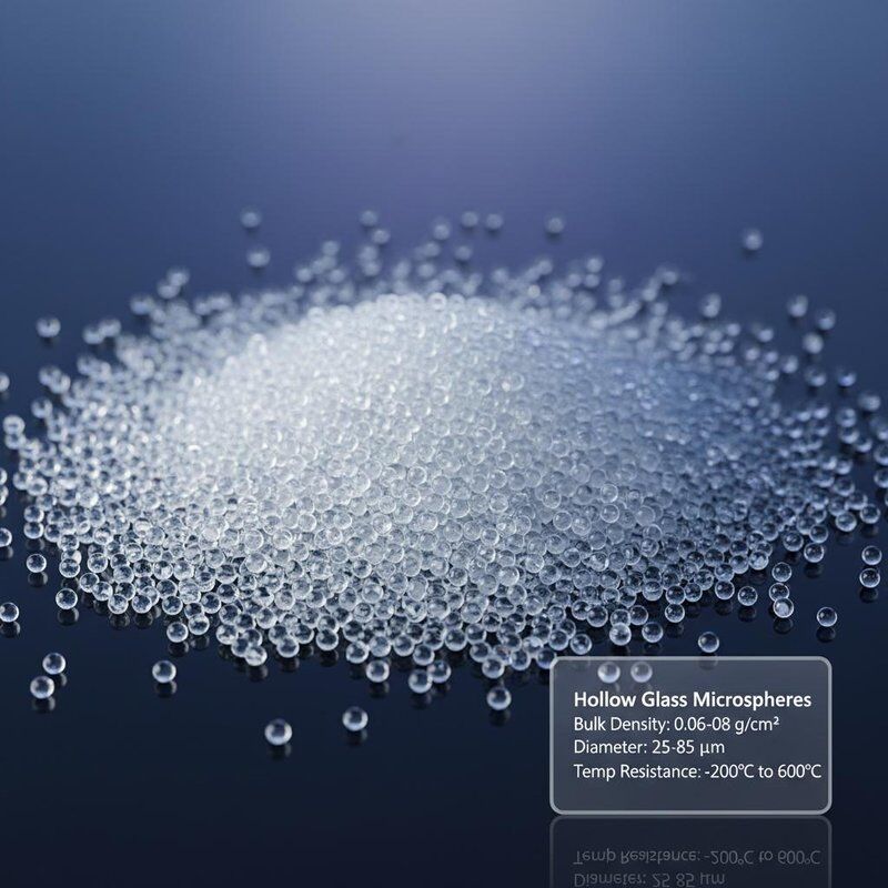 Mikrosfery szklane z gęstością 0,06 - 0.08, średnica 25-85μm i odporność na temperaturę od -200°C do 600°C